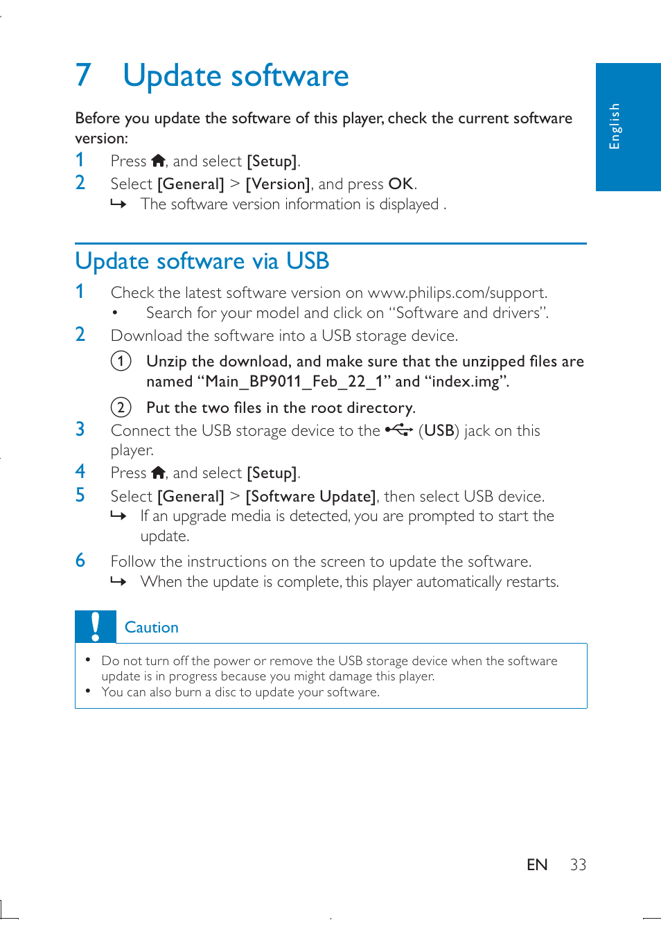 7 update software, Update software via usb | Philips PB9011 User Manual | Page 34 / 41