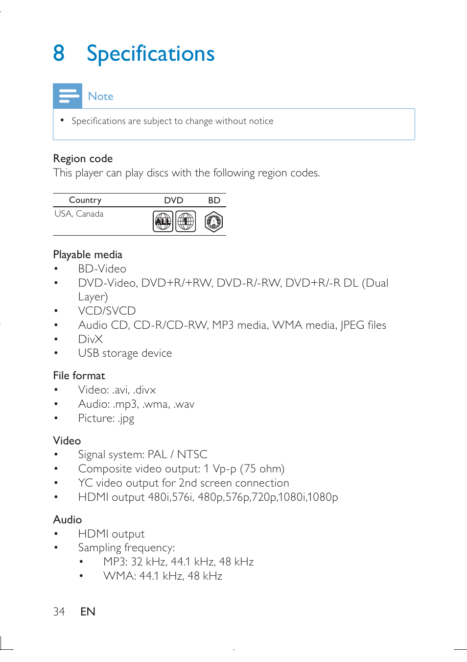 8 specifications | Philips PB9011 User Manual | Page 35 / 41