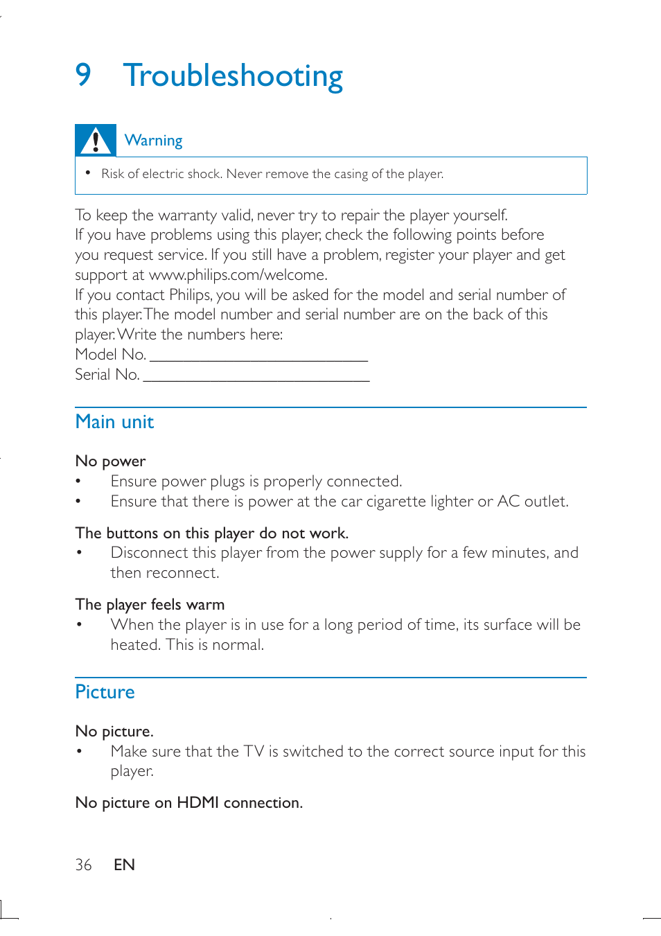 9 troubleshooting, Main unit, Picture | Philips PB9011 User Manual | Page 37 / 41