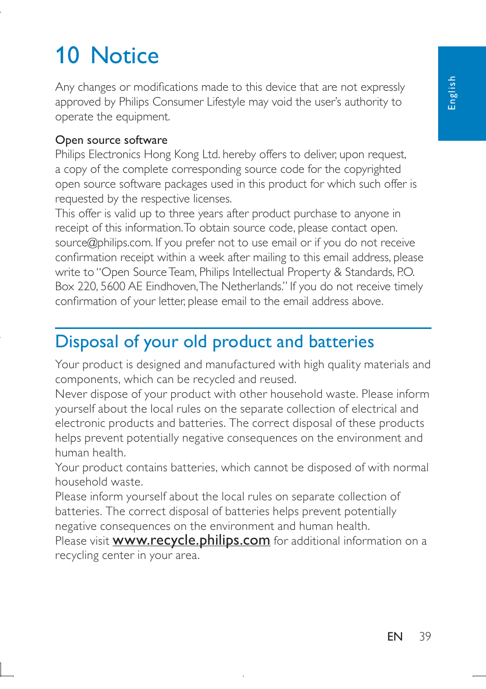 10 notice, Disposal of your old product and batteries | Philips PB9011 User Manual | Page 40 / 41