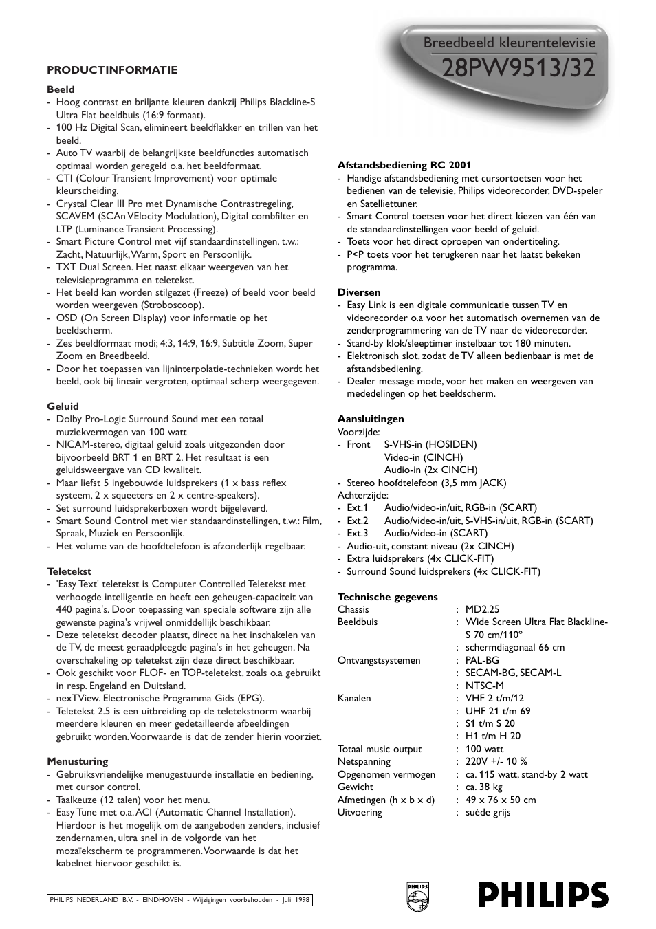 Breedbeeld kleurentelevisie | Philips MATCH LINE 28PW9513/32 User Manual | Page 2 / 2