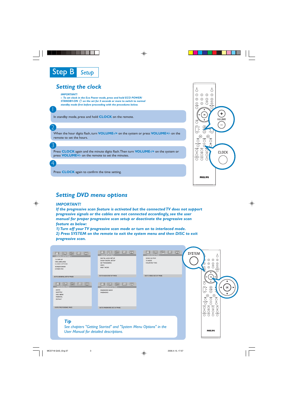 Setting the clock 1 2 3 4, Setting dvd menu options | Philips MCD 718 User Manual | Page 3 / 4