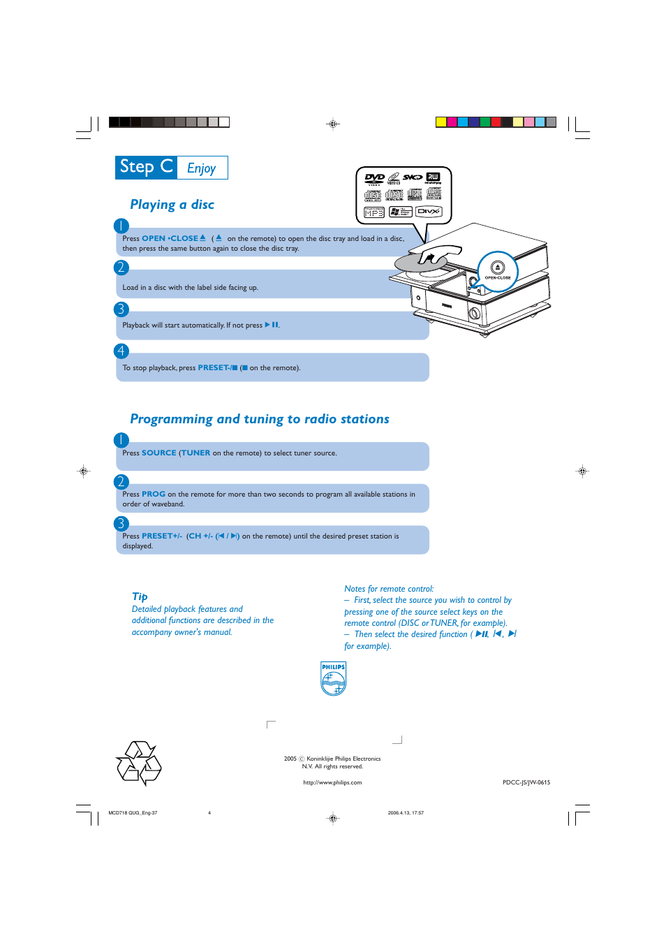 Playing a disc 1 2 3 4, Programming and tuning to radio stations 1 2 3 | Philips MCD 718 User Manual | Page 4 / 4