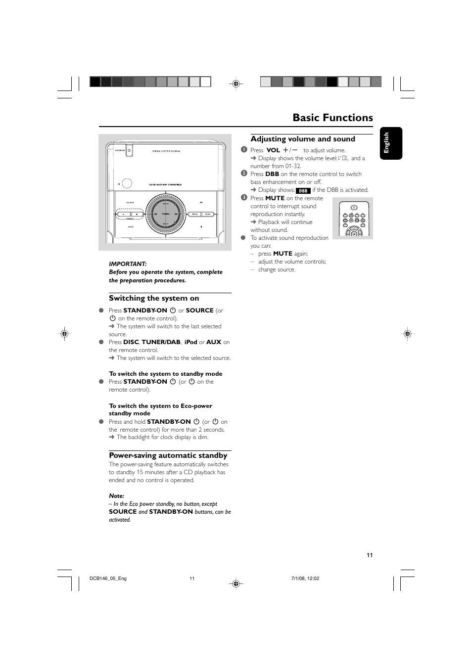Basic functions, Switching the system on, Power-saving automatic standby | Adjusting volume and sound 1 | Philips DCB146 User Manual | Page 11 / 25