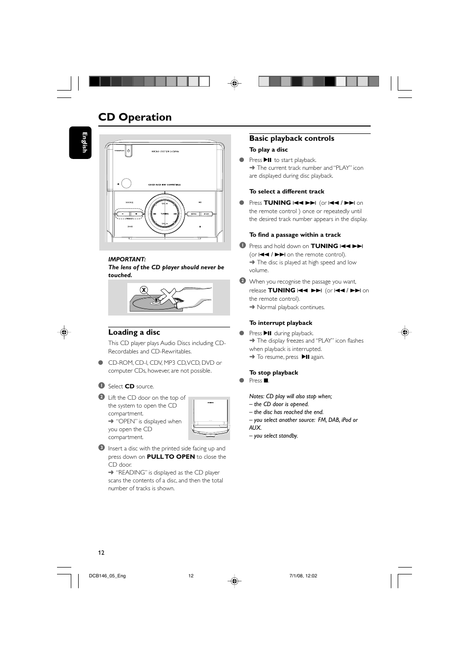 Cd operation, Basic playback controls, Loading a disc | Philips DCB146 User Manual | Page 12 / 25