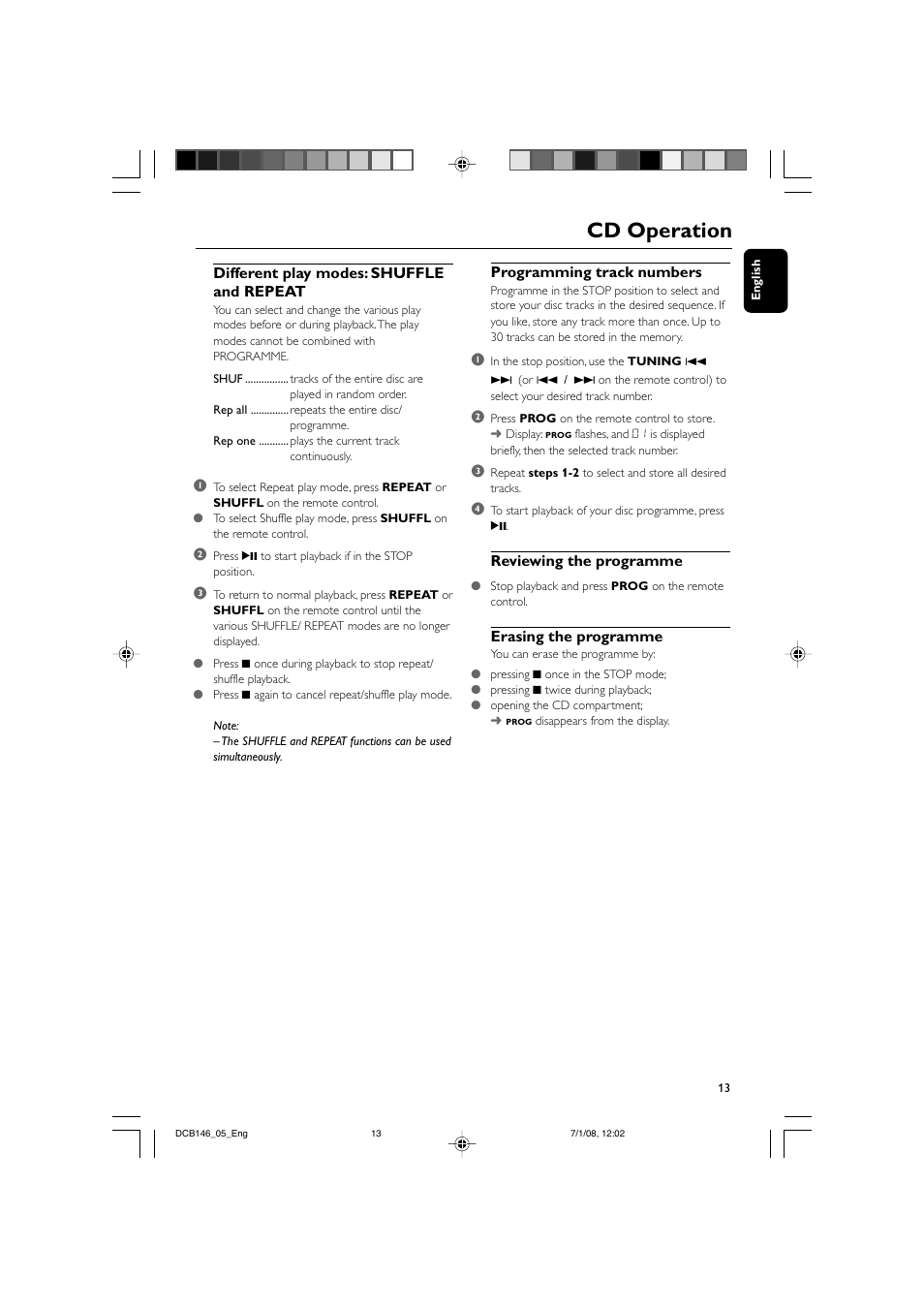 Cd operation, Different play modes: shuffle and repeat, Programming track numbers | Reviewing the programme, Erasing the programme | Philips DCB146 User Manual | Page 13 / 25