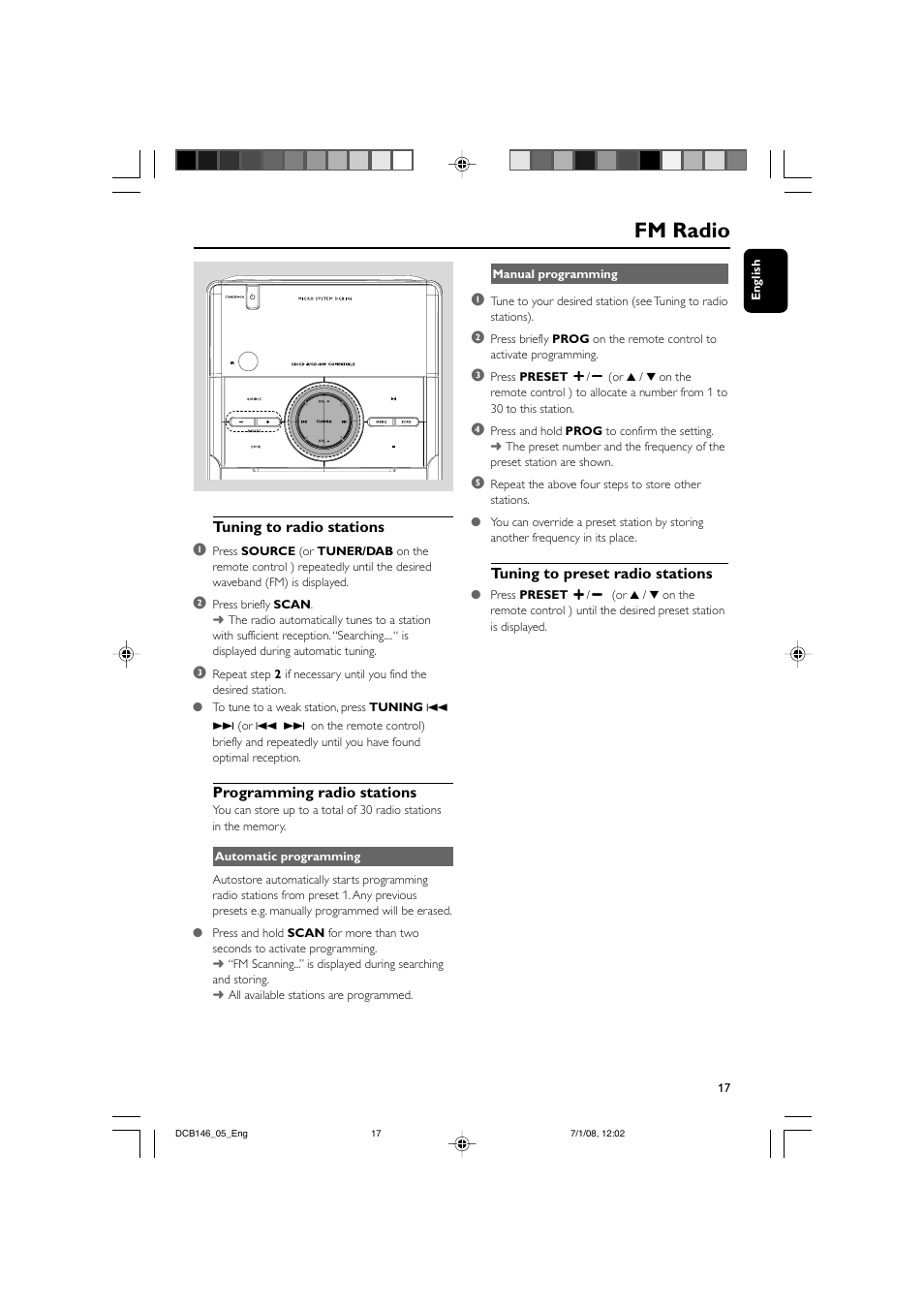 Fm radio, Tuning to radio stations 1, Programming radio stations | Tuning to preset radio stations | Philips DCB146 User Manual | Page 17 / 25