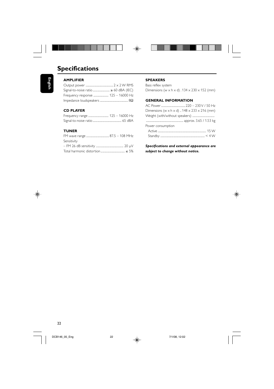 Specifications | Philips DCB146 User Manual | Page 22 / 25