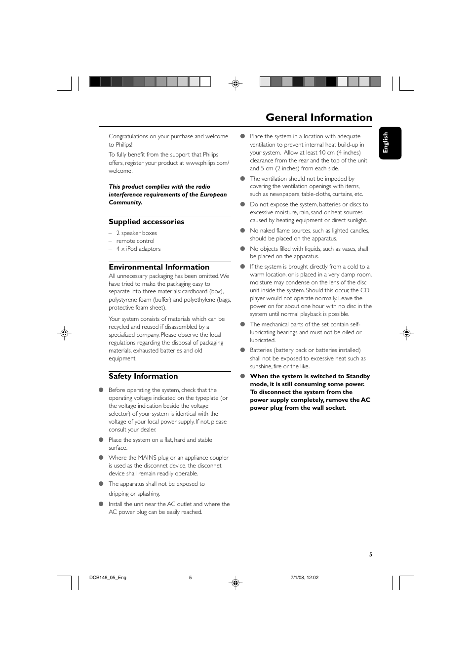 General information, Supplied accessories, Environmental information | Safety information | Philips DCB146 User Manual | Page 5 / 25