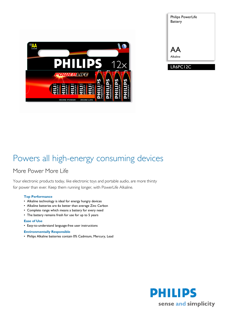 Philips Power Life LR6PC12C User Manual | 2 pages