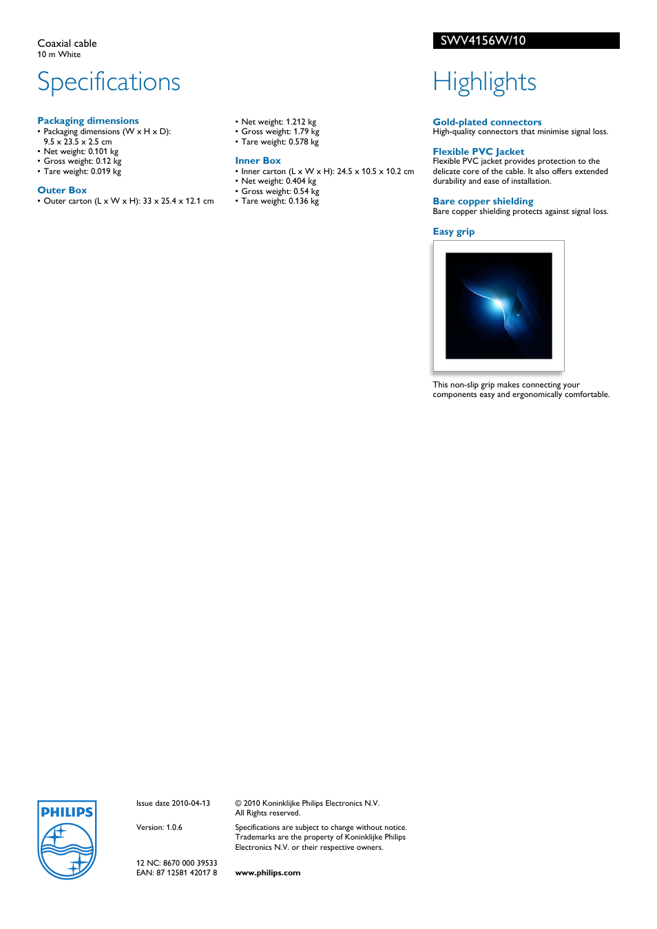 Specifications, Highlights | Philips White SWV4156W/10 User Manual | Page 2 / 2