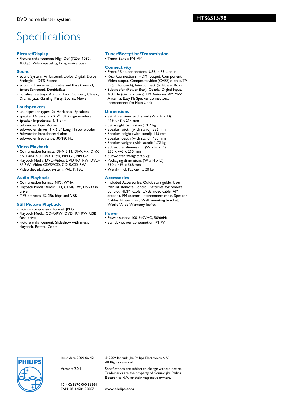 Specifications | Philips HTS6515/98 User Manual | Page 3 / 3