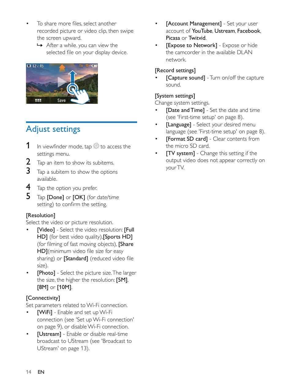 Adjust settings 1 | Philips CAM200 User Manual | Page 14 / 40