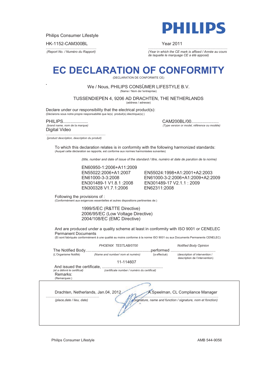 Ec declaration of conformity | Philips CAM200 User Manual | Page 2 / 40