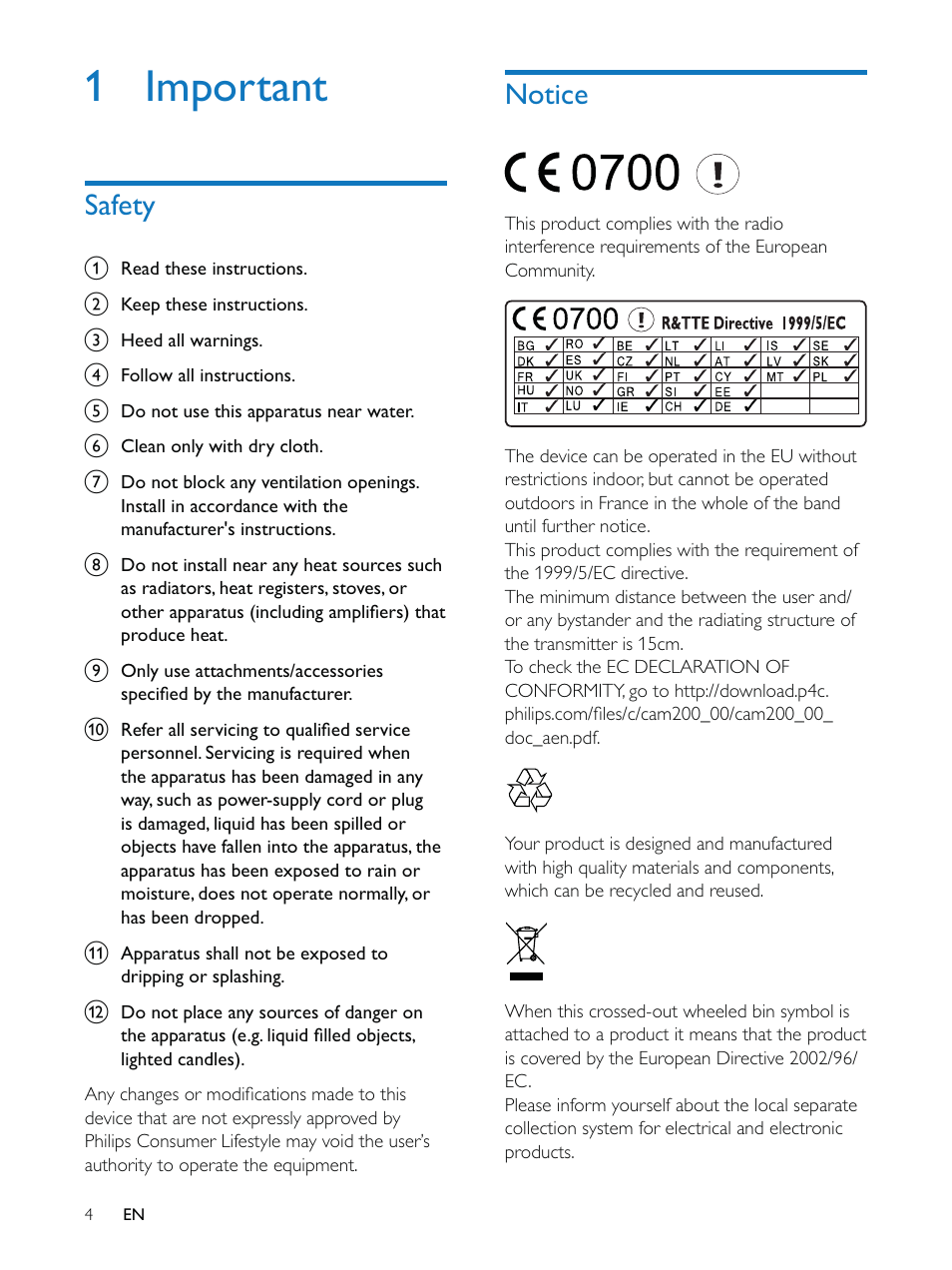 1 important | Philips CAM200 User Manual | Page 4 / 40