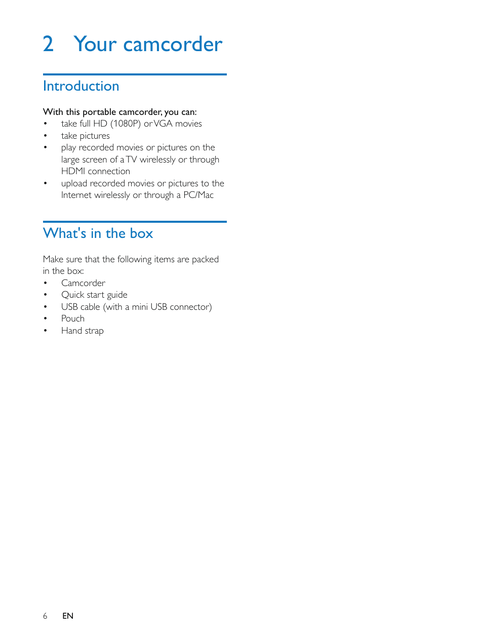 2 your camcorder, Introduction, What's in the box | Philips CAM200 User Manual | Page 6 / 40