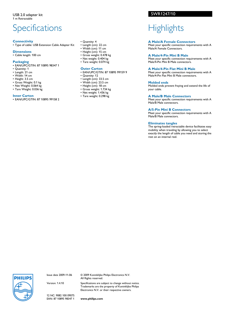 Specifications, Highlights | Philips SWR1247 User Manual | Page 2 / 2