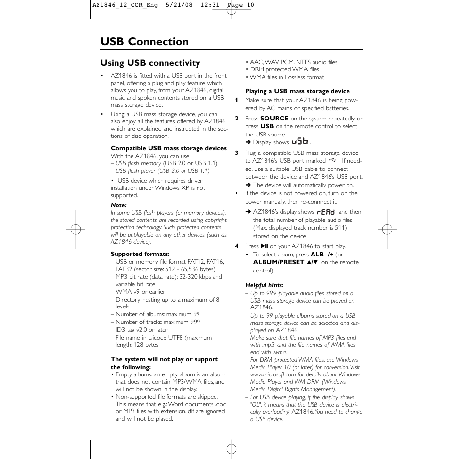 Usb connection, Using usb connectivity | Philips AZ1846 User Manual | Page 10 / 16