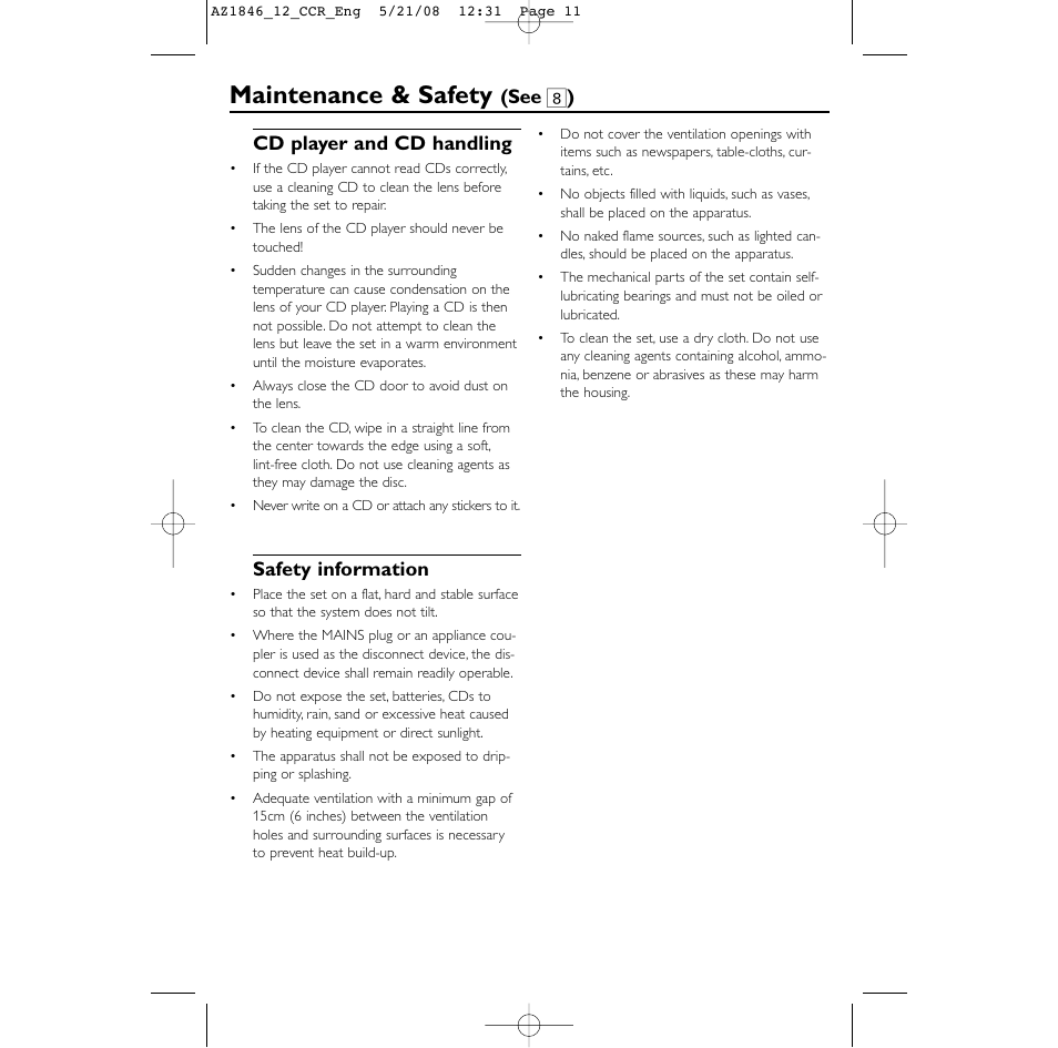 Maintenance & safety, Cd player and cd handling, Safety information | See 8 ) | Philips AZ1846 User Manual | Page 11 / 16