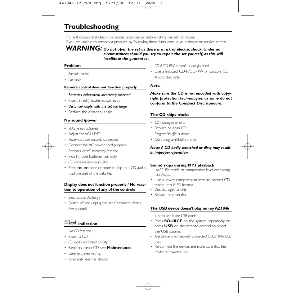 Troubleshooting, Warning | Philips AZ1846 User Manual | Page 12 / 16