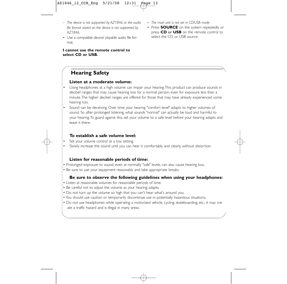 Hearing safety | Philips AZ1846 User Manual | Page 13 / 16