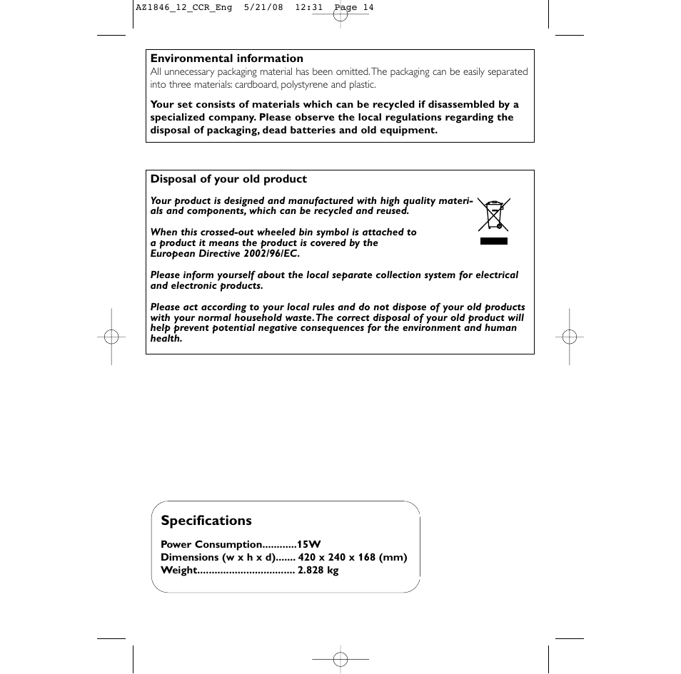 Specifications | Philips AZ1846 User Manual | Page 14 / 16