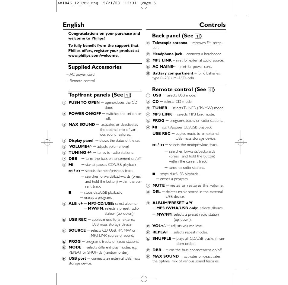 English controls | Philips AZ1846 User Manual | Page 5 / 16