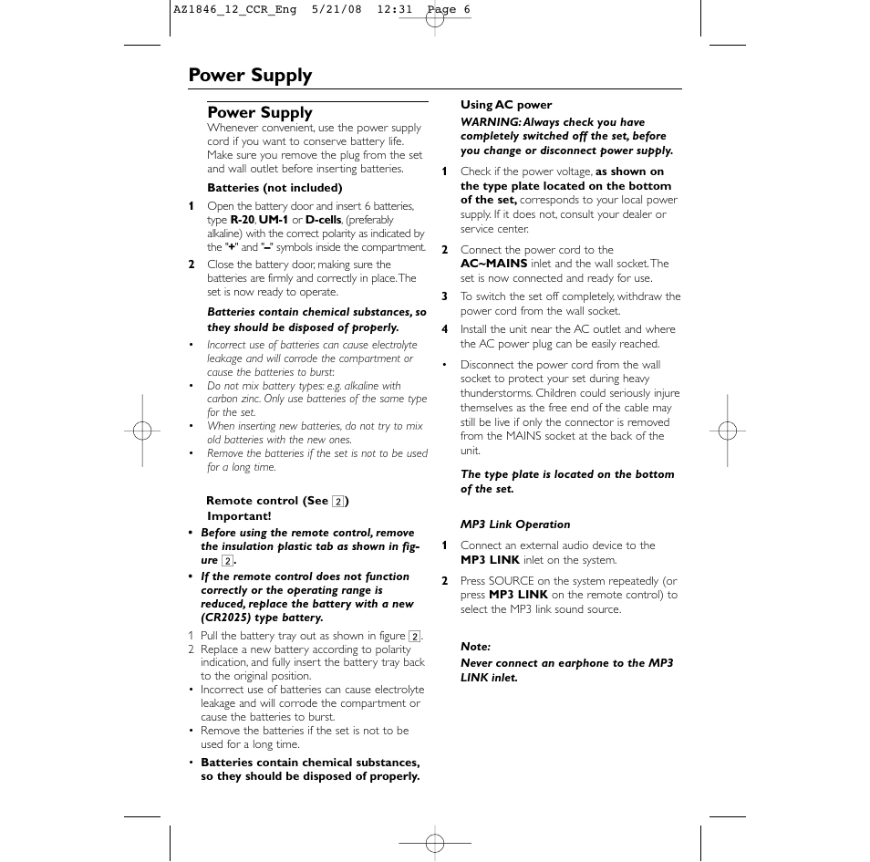 Power supply | Philips AZ1846 User Manual | Page 6 / 16