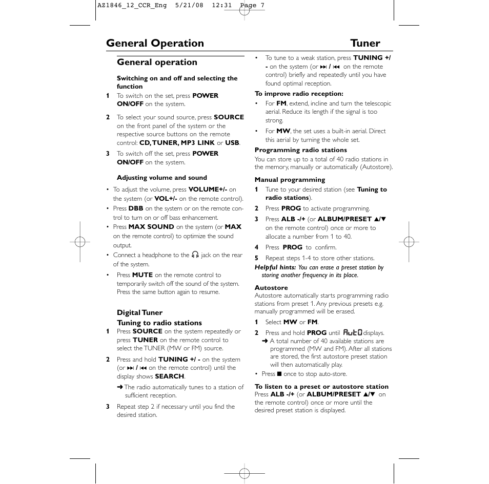 General operation tuner, General operation | Philips AZ1846 User Manual | Page 7 / 16