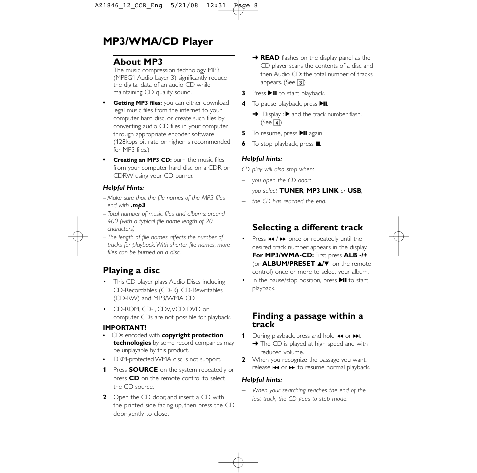 Mp3/wma/cd player, About mp3, Playing a disc | Selecting a different track, Finding a passage within a track | Philips AZ1846 User Manual | Page 8 / 16