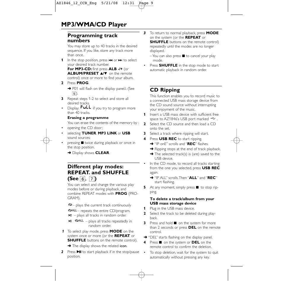 Mp3/wma/cd player, Programming track numbers, Cd ripping | Philips AZ1846 User Manual | Page 9 / 16