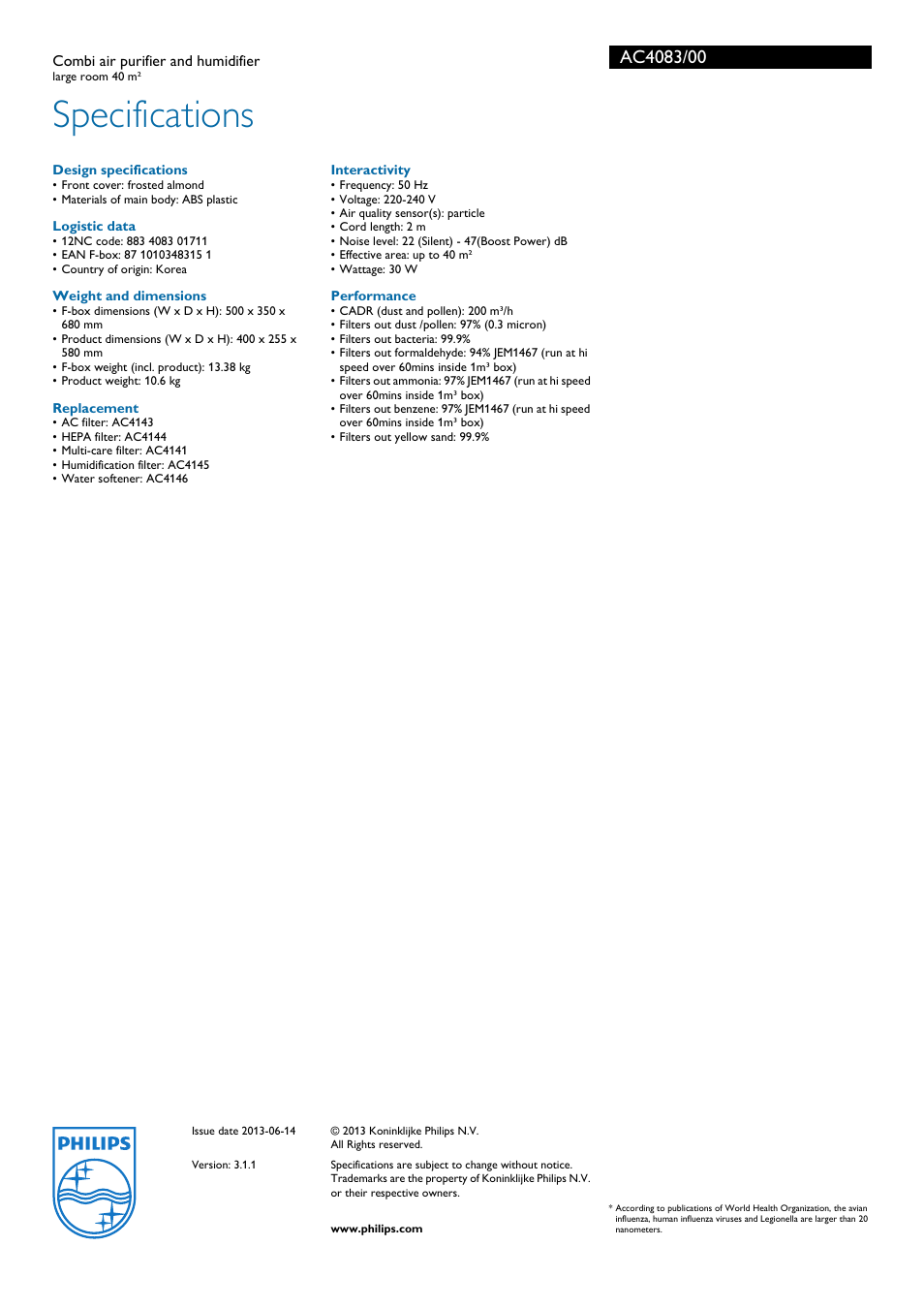 Specifications | Philips AC4083/00 User Manual | Page 3 / 3