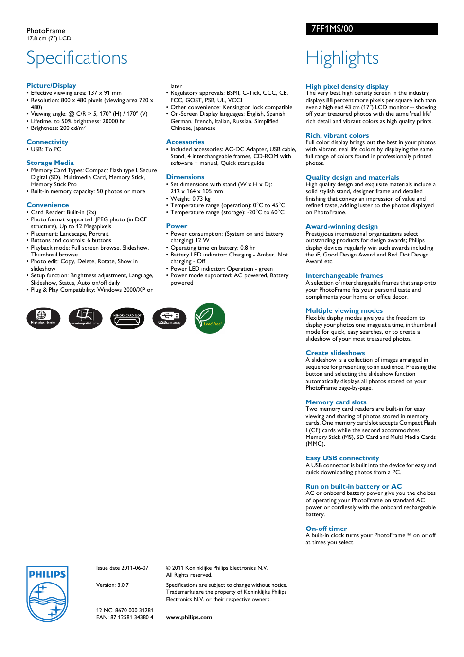 Specifications, Highlights, 7ff1ms/00 | Philips 7FF1MS User Manual | Page 2 / 2
