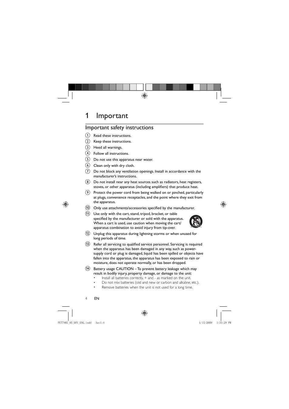 1 important, Important safety instructions | Philips PET7402/05 User Manual | Page 3 / 22