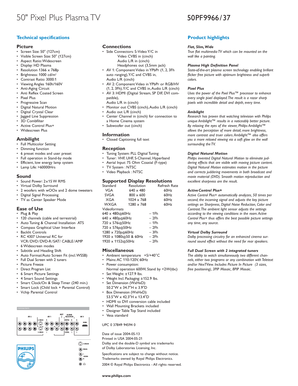 50" pixel plus plasma tv, Picture, Ambilight | Sound, Ease of use, Connections, Information, Reception, Supported display resolutions, Miscellaneous | Philips EPIC 50PF9966/37 User Manual | Page 2 / 2