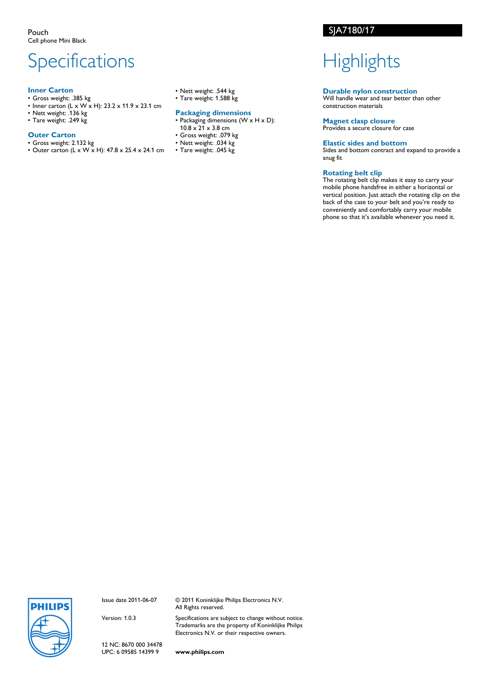 Specifications, Highlights | Philips SJA7180 User Manual | Page 2 / 2