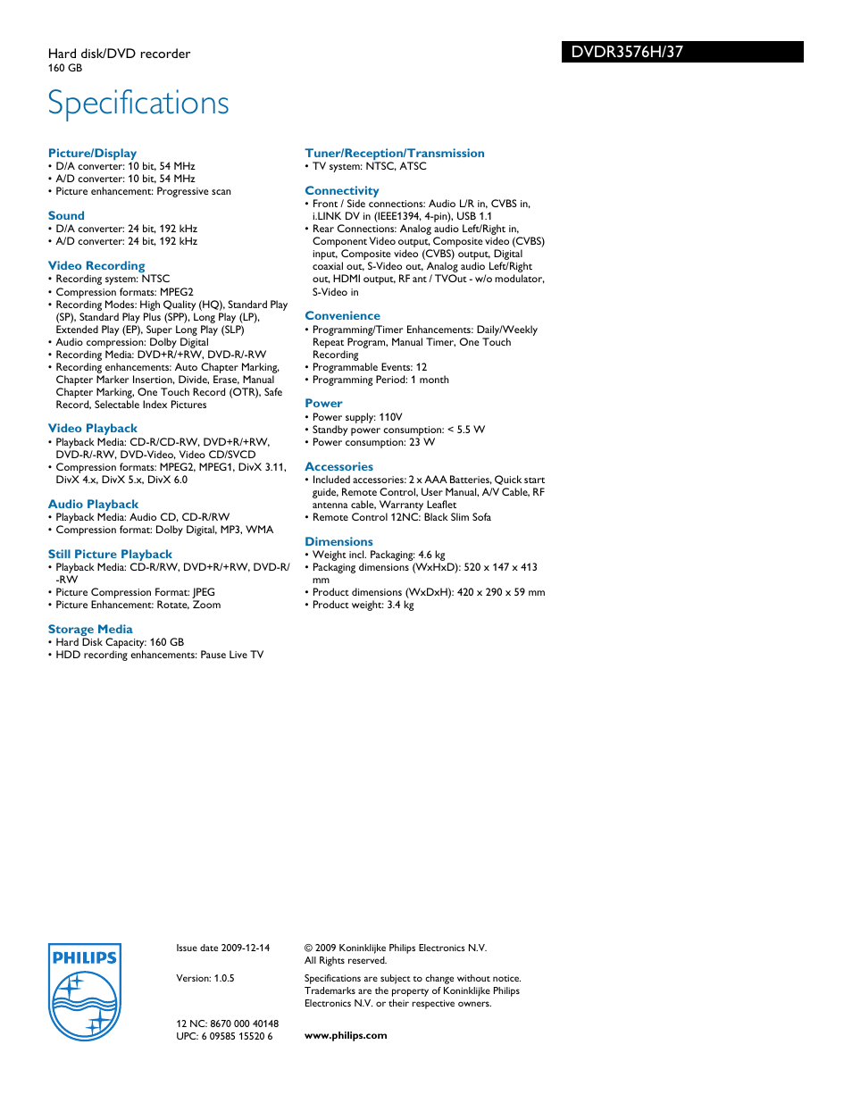 Specifications | Philips DVDR3576H User Manual | Page 3 / 3