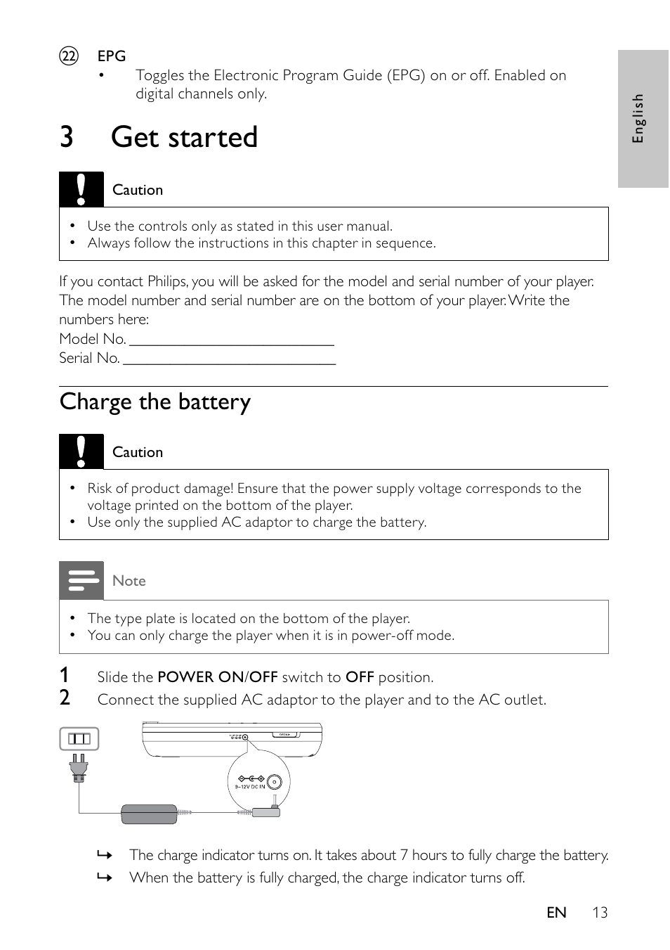 3 get started, Charge the battery | Philips PET745/12 User Manual | Page 12 / 22