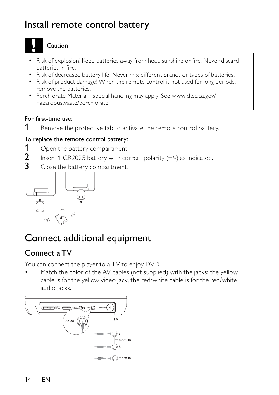 Install remote control battery, Connect additional equipment, Connect a tv | Philips PET745/12 User Manual | Page 13 / 22