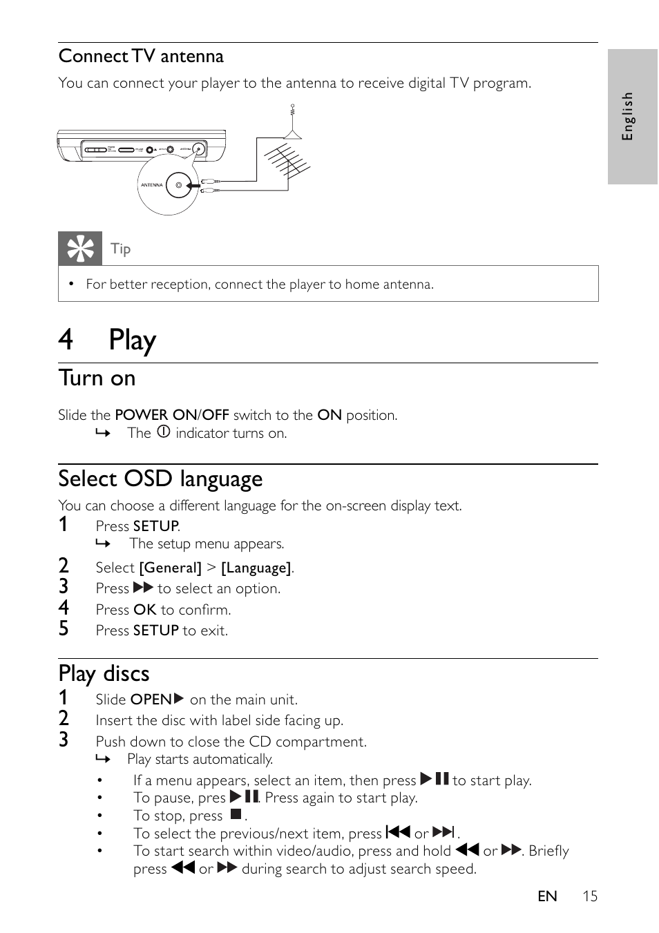 4 play, Turn on, Select osd language | Play discs, Connect tv antenna | Philips PET745/12 User Manual | Page 14 / 22