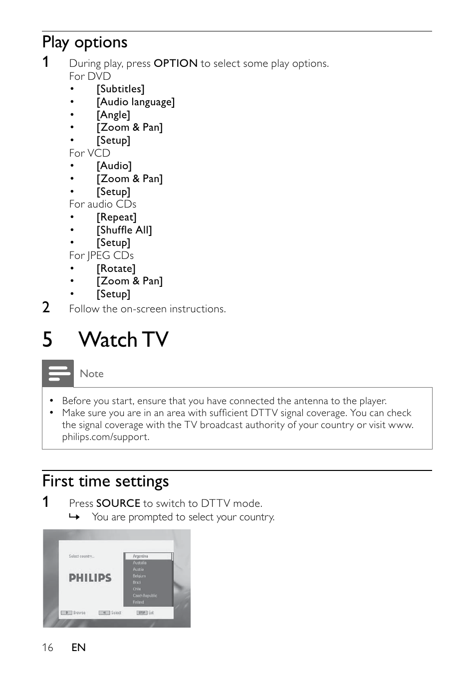 5 watch tv, Play options, First time settings | Philips PET745/12 User Manual | Page 15 / 22