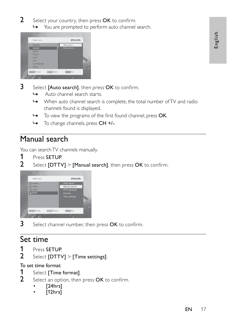 Manual search, Set time | Philips PET745/12 User Manual | Page 16 / 22