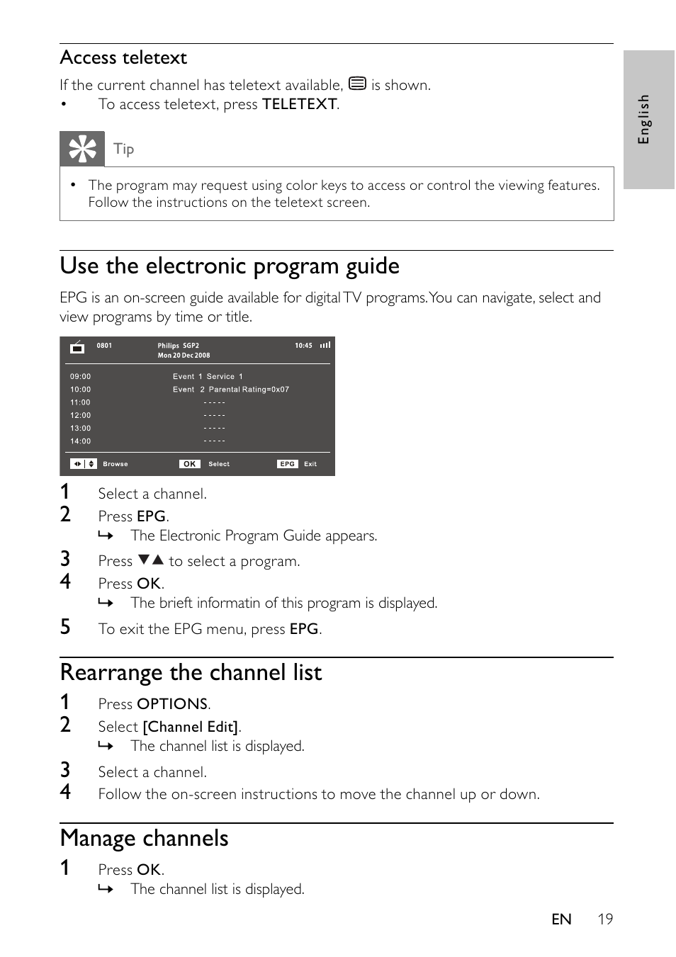 Use the electronic program guide, Rearrange the channel list, Manage channels | Access teletext | Philips PET745/12 User Manual | Page 18 / 22