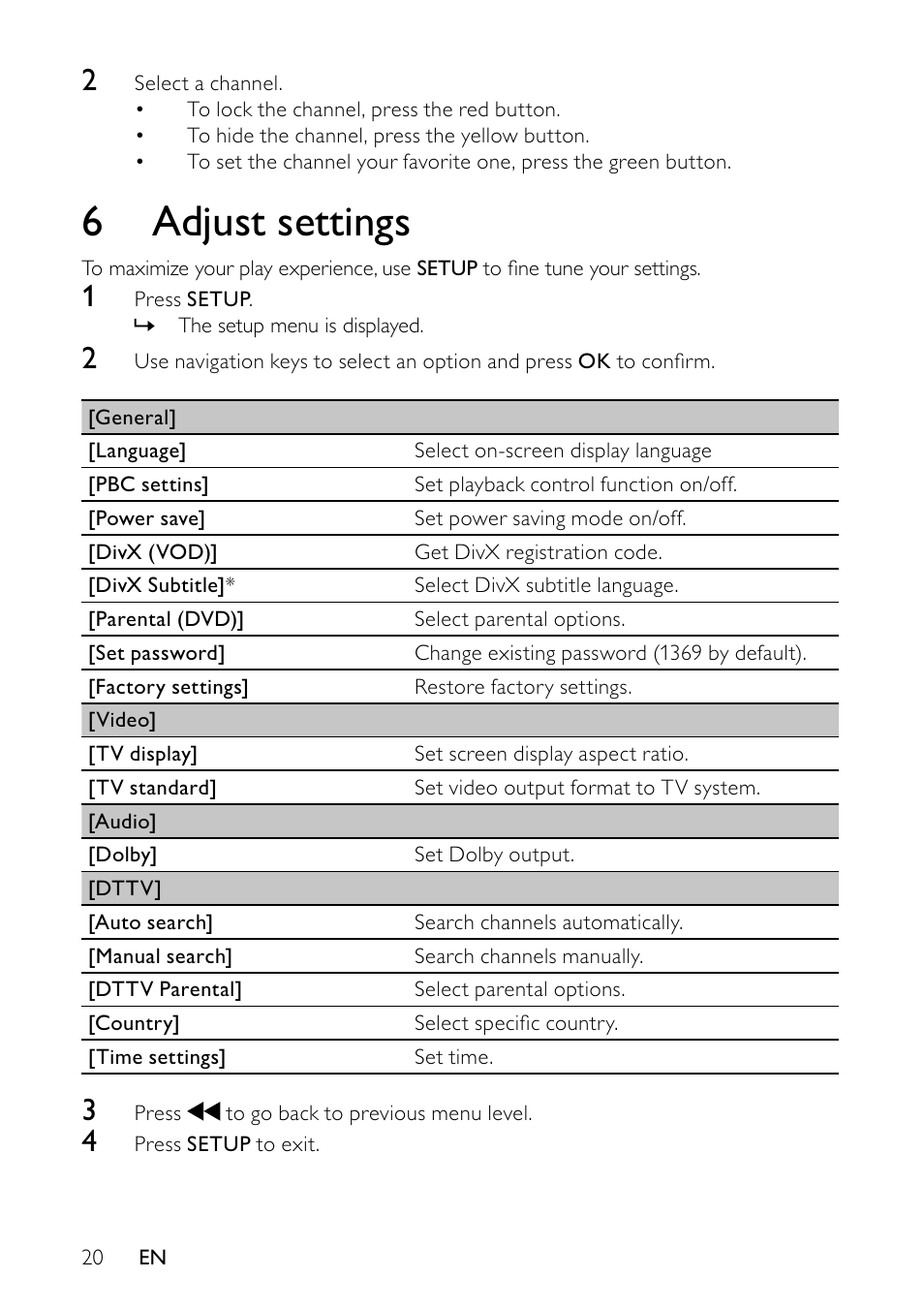 6 adjust settings | Philips PET745/12 User Manual | Page 19 / 22