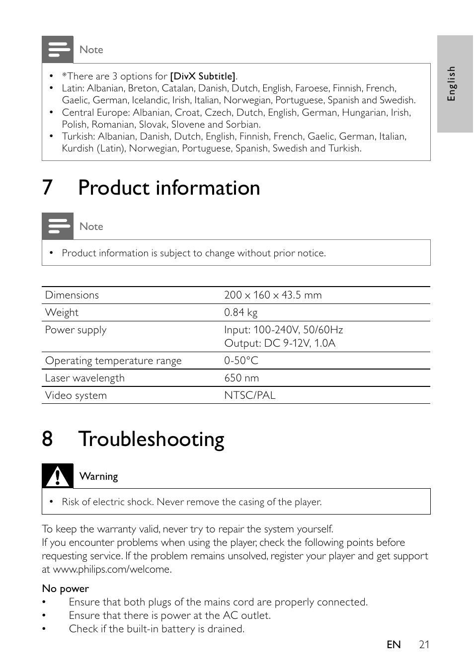 7 product information, 8 troubleshooting | Philips PET745/12 User Manual | Page 20 / 22