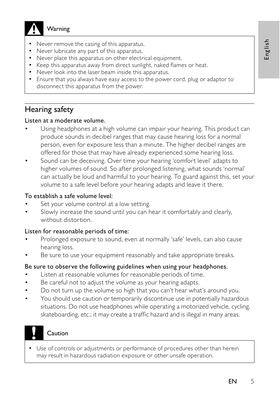 Hearing safety | Philips PET745/12 User Manual | Page 4 / 22