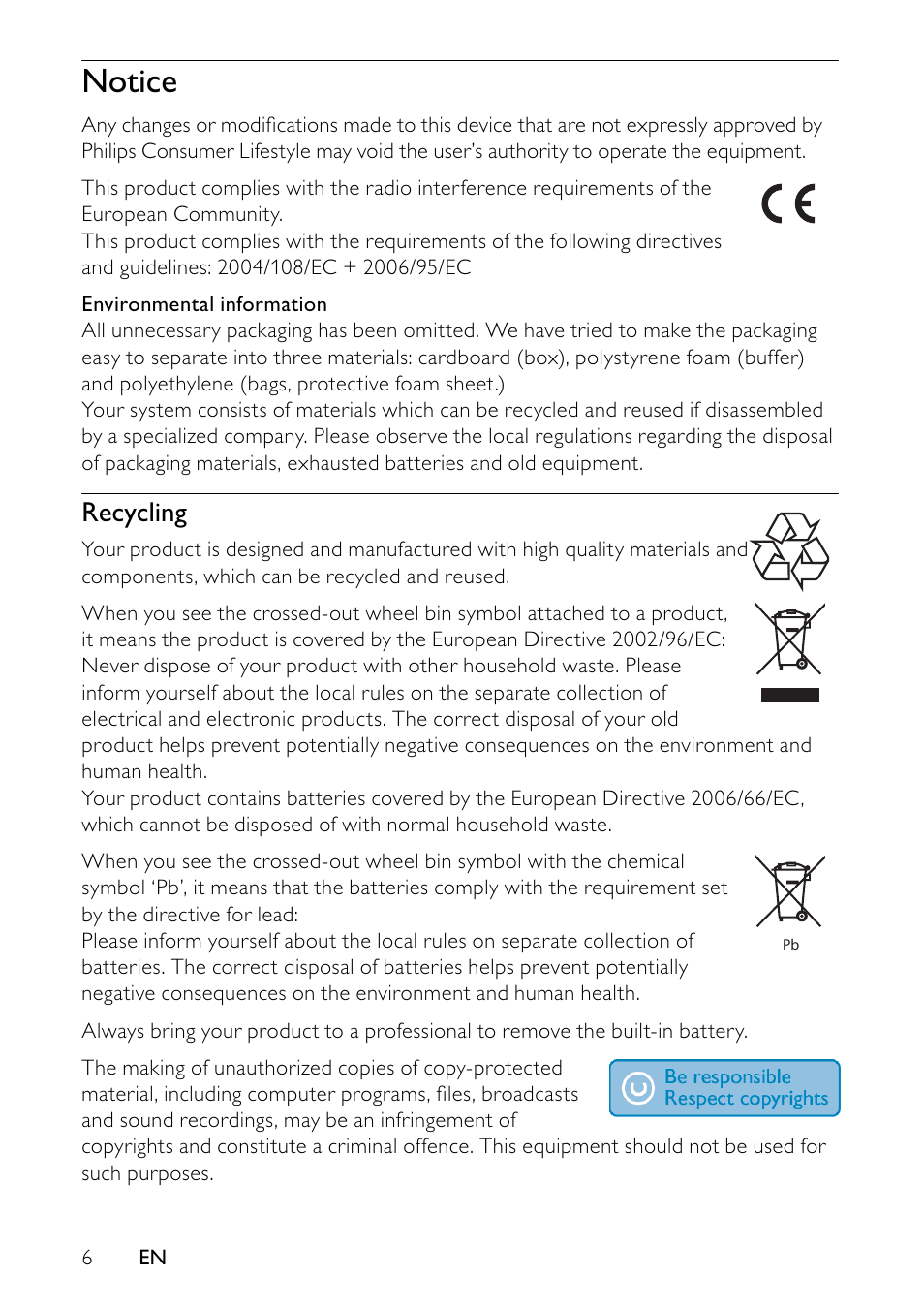 Notice, Recycling | Philips PET745/12 User Manual | Page 5 / 22