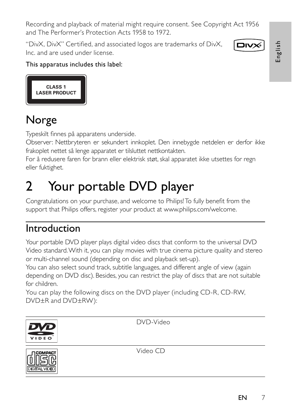 2 your portable dvd player, Norge, Introduction | Philips PET745/12 User Manual | Page 6 / 22