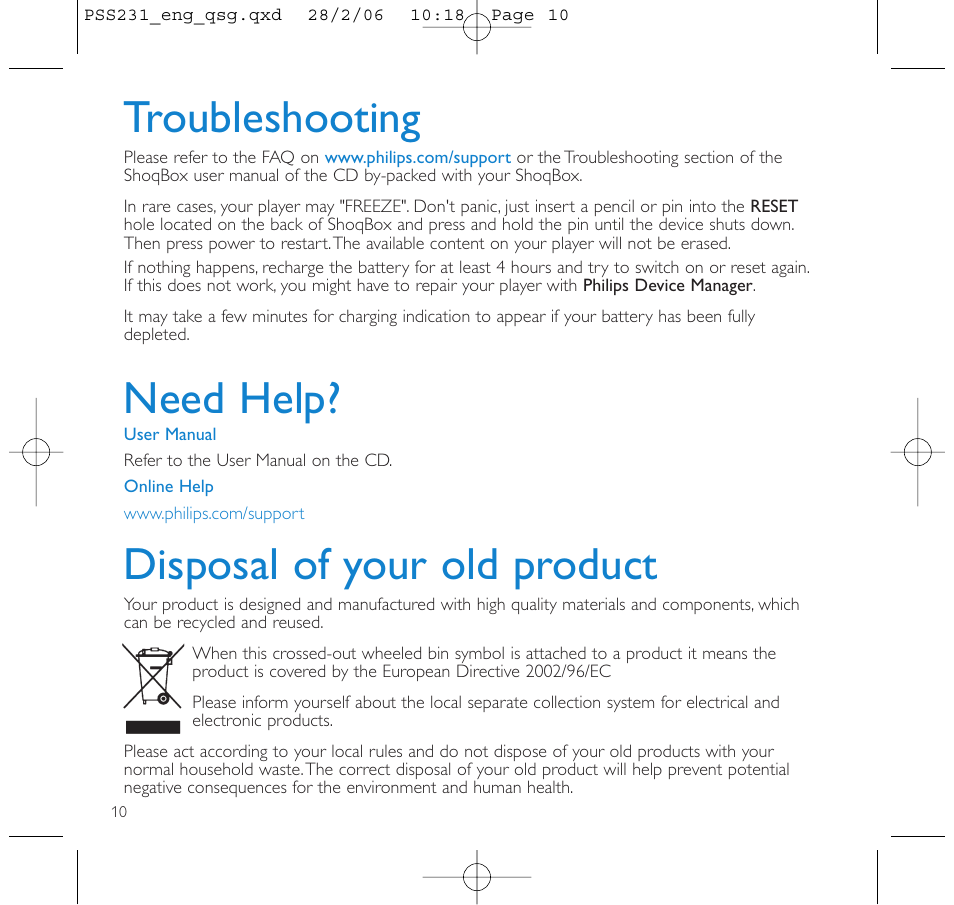 Troubleshooting, Need help, Disposal of your old product | Philips GOGEAR PSS231 User Manual | Page 14 / 15