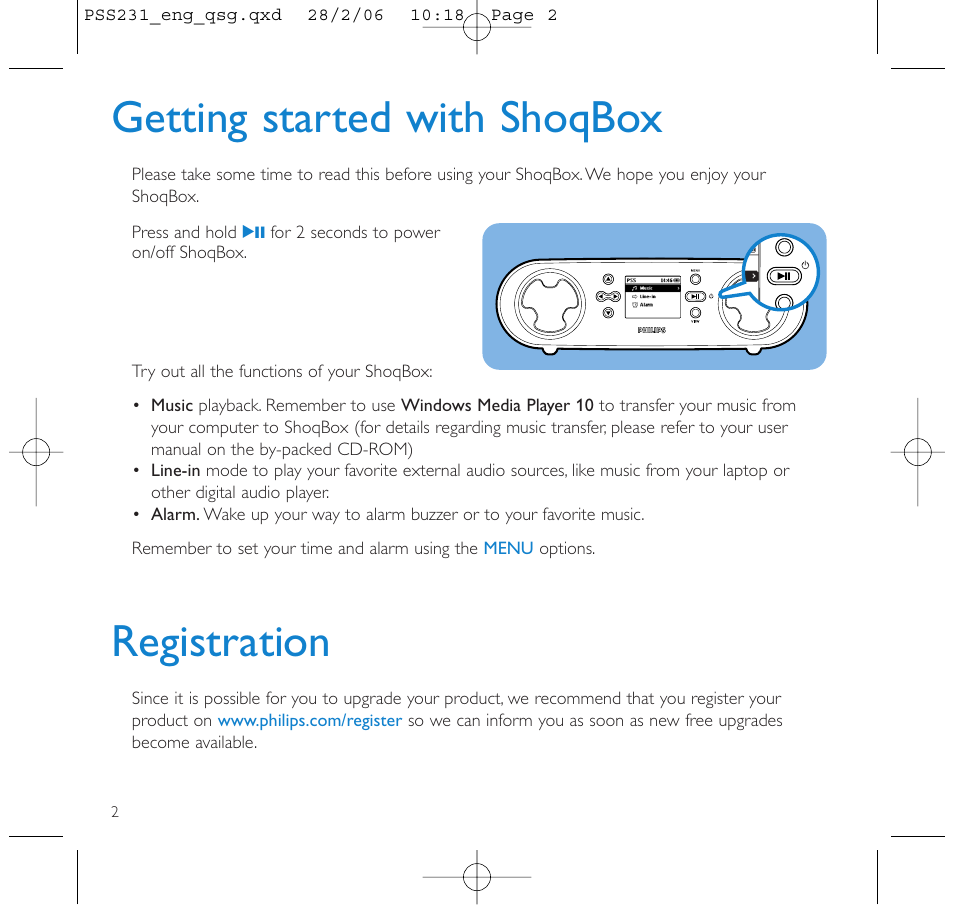 Getting started with shoqbox, Registration | Philips GOGEAR PSS231 User Manual | Page 6 / 15